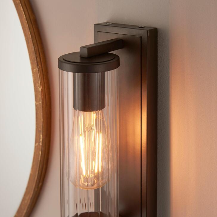 Thorlight Kairo Single Bathroom Wall Light In Dark Bronze With A Clear Ribbed Glass Shade - IP44