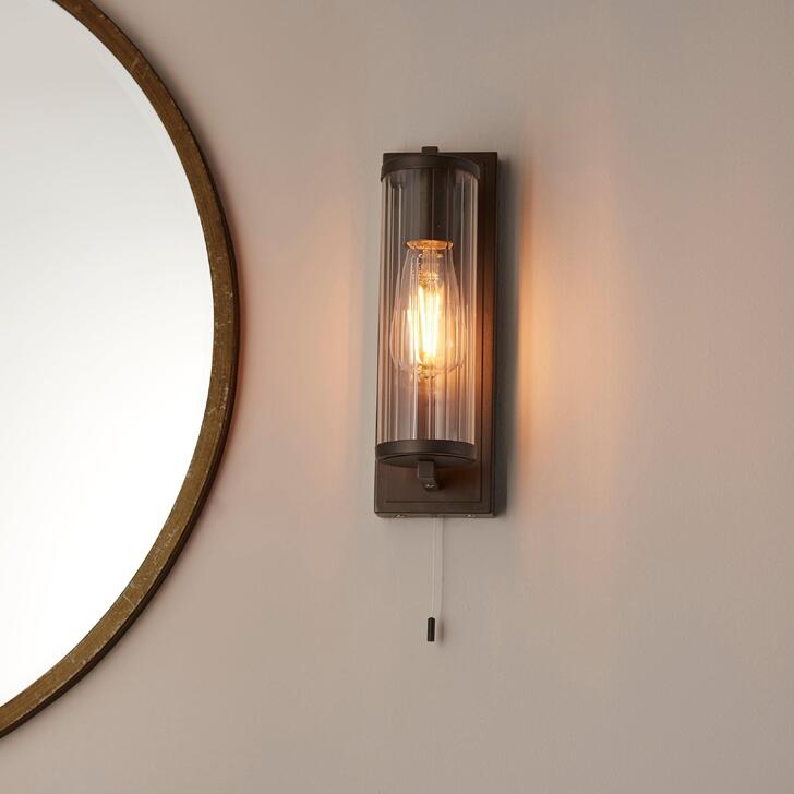 Thorlight Kairo Single Bathroom Wall Light In Dark Bronze With A Clear Ribbed Glass Shade - IP44