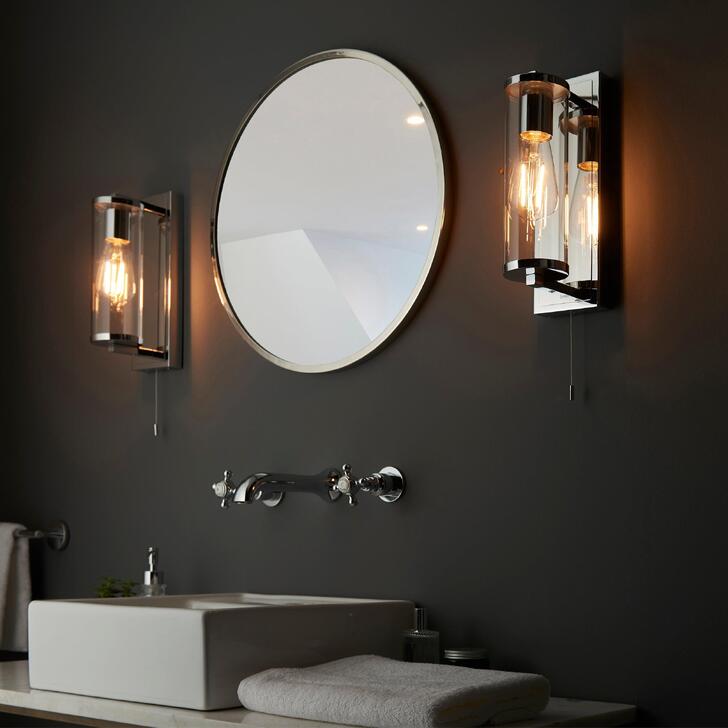 Thorlight Kairo Single Bathroom Wall Light In Polished Chrome With A Clear Cylindrical Glass Shade - IP44