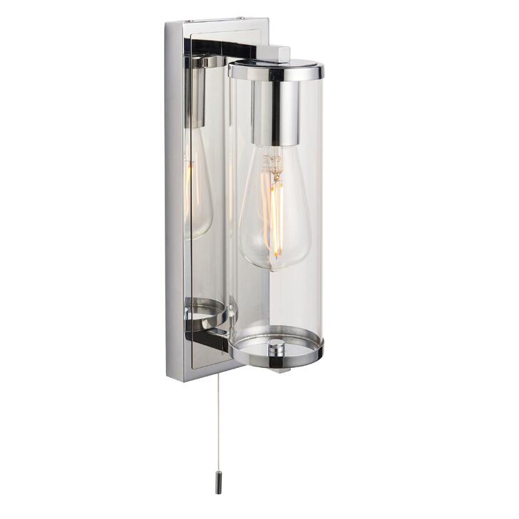 Thorlight Kairo Single Bathroom Wall Light In Polished Chrome With A Clear Cylindrical Glass Shade - IP44