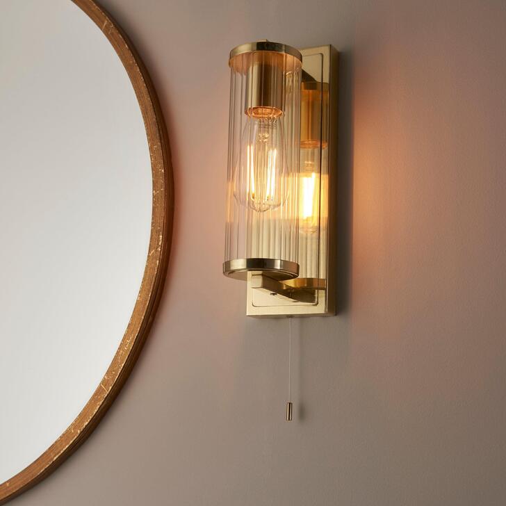 Thorlight Kairo Single Bathroom Wall Light In Satin Brass With A Clear Ribbed Glass Shade - IP44