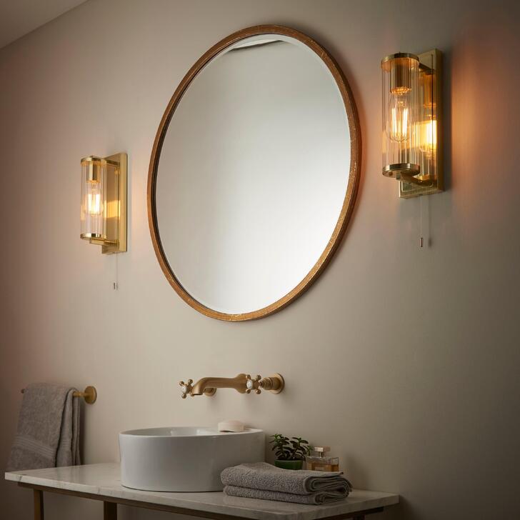 Thorlight Kairo Single Bathroom Wall Light In Satin Brass With A Clear Ribbed Glass Shade - IP44