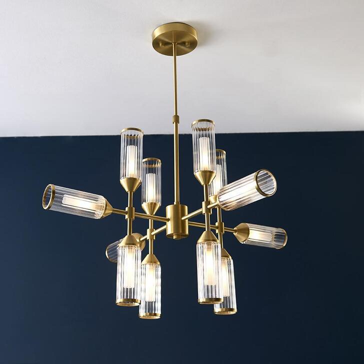 Thorlight Kinley Satin Brass 12 Light Pendant Complete With Clear & Frosted Ribbed Glass Shades