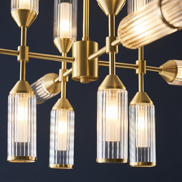 Thorlight Kinley Satin Brass 12 Light Pendant Complete With Clear & Frosted Ribbed Glass Shades