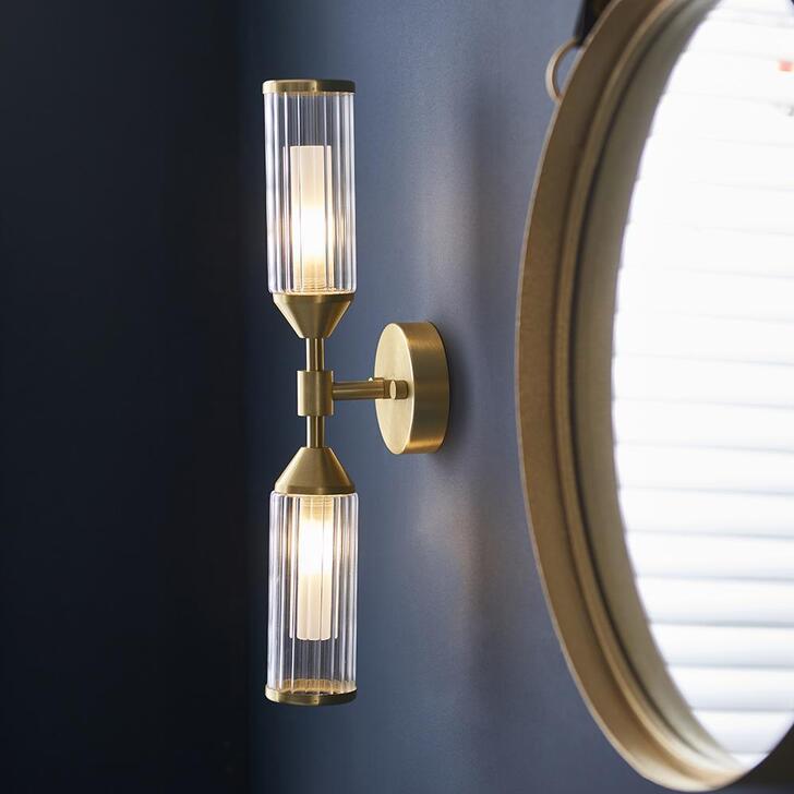 Thorlight Kinley Satin Brass 2 Light Wall Light Complete With Clear & Frosted Ribbed Glass Shades