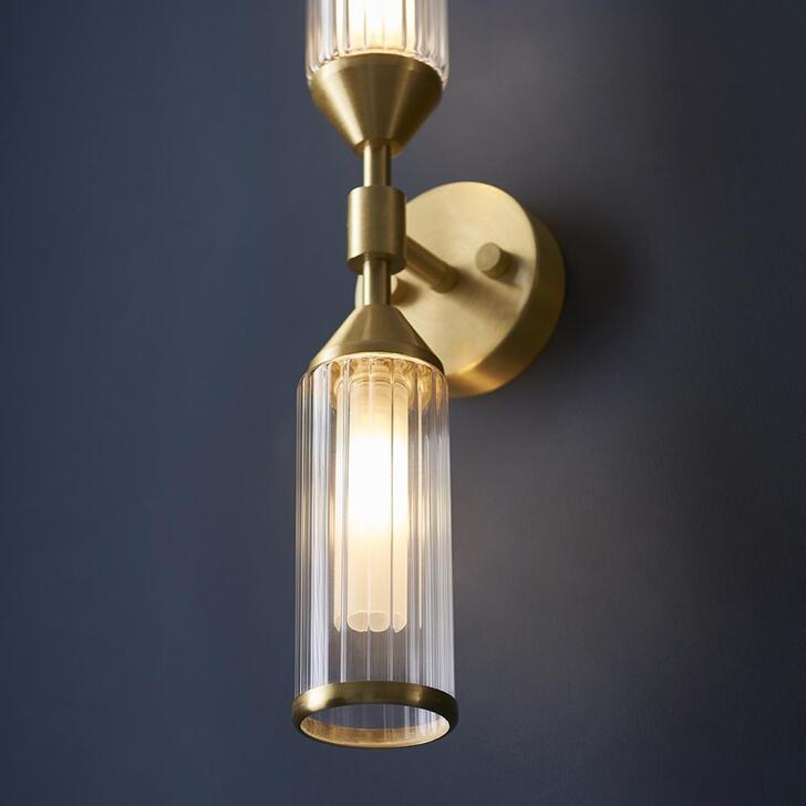 Thorlight Kinley Satin Brass 2 Light Wall Light Complete With Clear & Frosted Ribbed Glass Shades