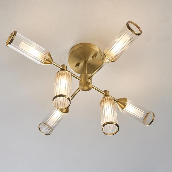 Thorlight Kinley Satin Brass 6 Light Semi Flush Ceiling Light Complete With Clear & Frosted Ribbed Glass Shades