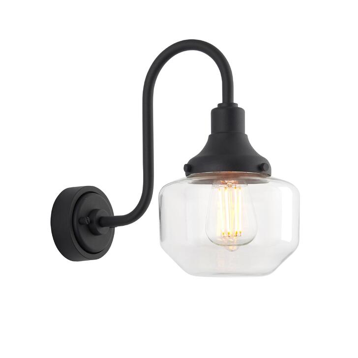 Thorlight Kukes Matt Black Exterior Swan Neck Wall Light With Clear Glass Shade