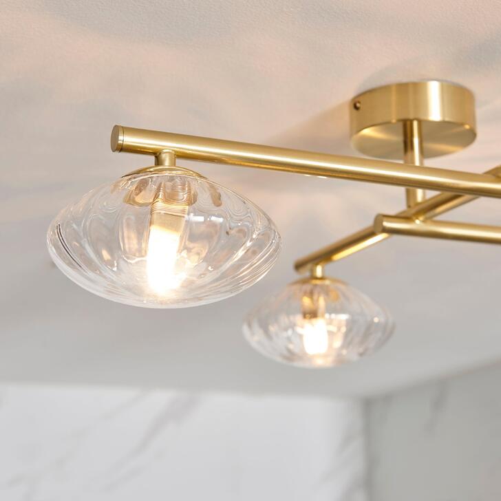 Thorlight Lux 4 Light Flush Bathroom Ceiling Light In Satin Brass With Clear Ribbed Glass Shades - IP44