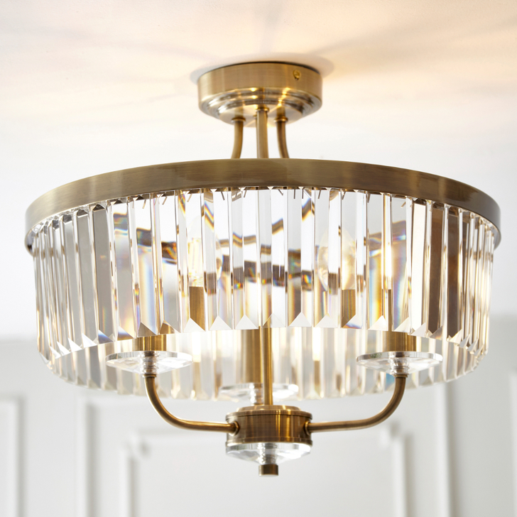 Thorlight Melia Antique Brass Glass 3 Light Semi Flush Ceiling Light