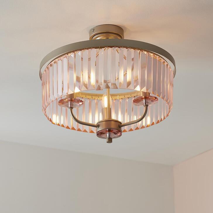 Thorlight Melia Champagne Finish 3 Light Semi Flush Ceiling Light Complete With Rose Pink Faceted Cut Glass Droplets