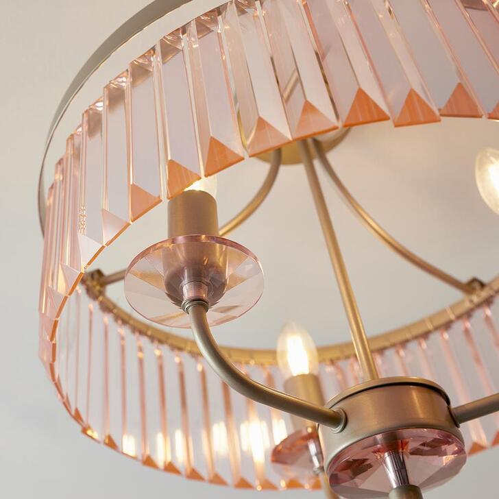 Thorlight Melia Champagne Finish 3 Light Semi Flush Ceiling Light Complete With Rose Pink Faceted Cut Glass Droplets