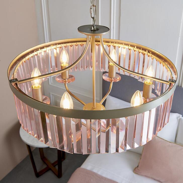 Thorlight Melia Champagne Finish 6 Light Pendant Complete With Rose Pink Faceted Cut Glass Droplets