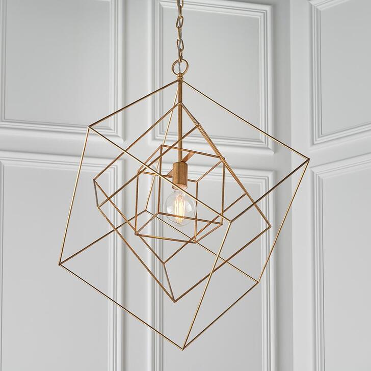 Thorlight Mercedes Large Antique Gold Leaf Angular Framed Single Pendant Light