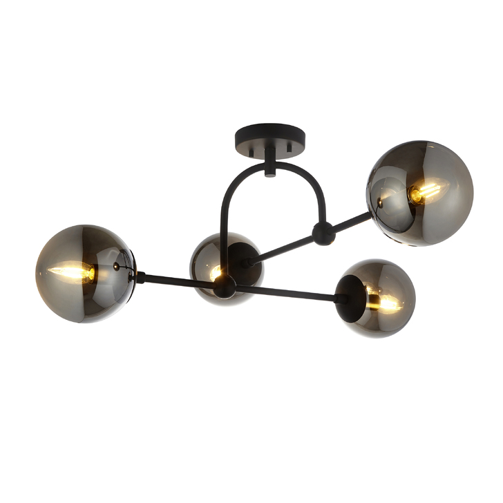 Thorlight Merlin 4 Light Large Semi-Flush Ceiling Light Black With Smoked Glass Globes