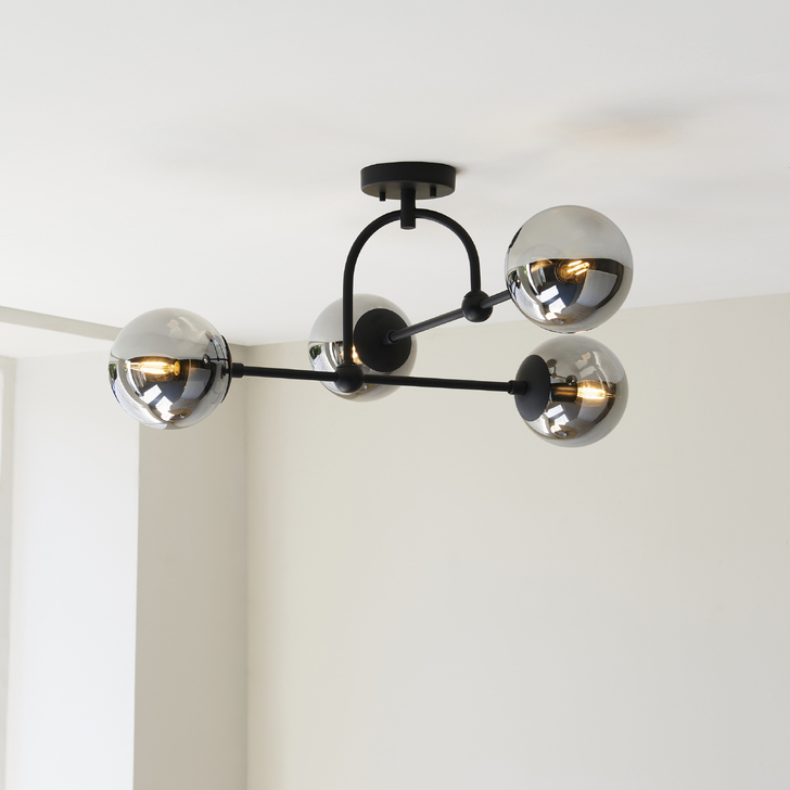 Thorlight Merlin 4 Light Large Semi-Flush Ceiling Light Black With Smoked Glass Globes