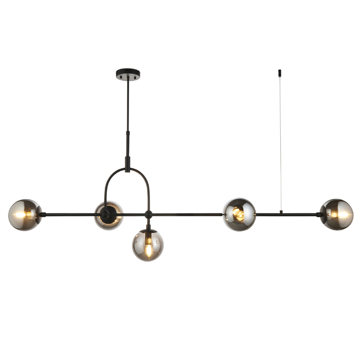 Thorlight Merlin 5 Light Linear Bar Pendant Black With Smoked Glass Globes