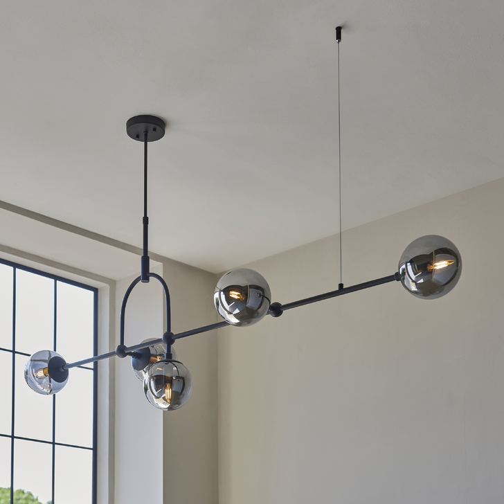 Thorlight Merlin 5 Light Linear Bar Pendant Black With Smoked Glass Globes