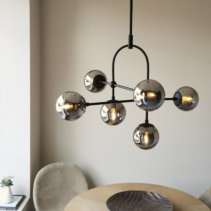 Thorlight Merlin 6 Light Pendant Black With Smoked Glass Globes