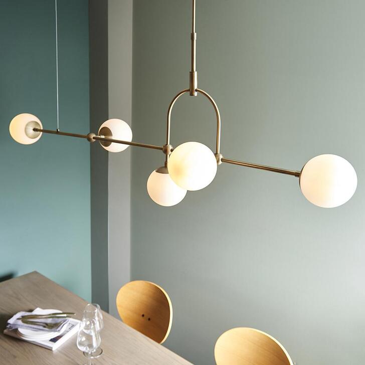 Thorlight Merlin Matt Antique Brass Finish 5 Light Linear Bar Pendant Complete With Opal Glass Globes