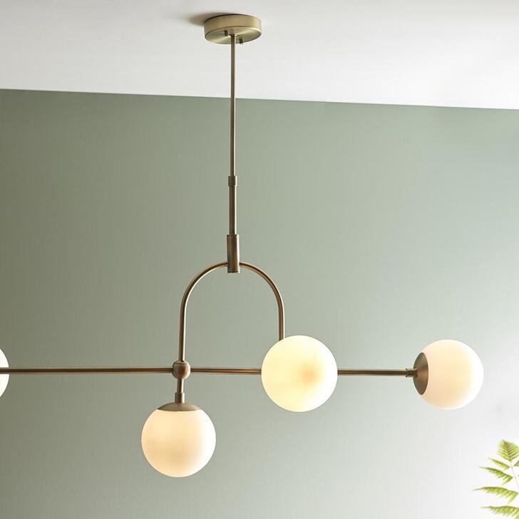 Thorlight Merlin Matt Antique Brass Finish 5 Light Linear Bar Pendant Complete With Opal Glass Globes