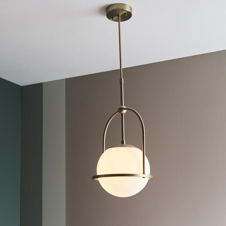 Thorlight Merlin Matt Antique Brass Finish Single Pendant Light Complete With Opal Glass Globe