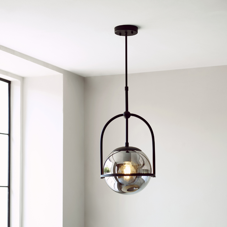 Thorlight Merlin Single Pendant Light Black With Smoked Glass Globe