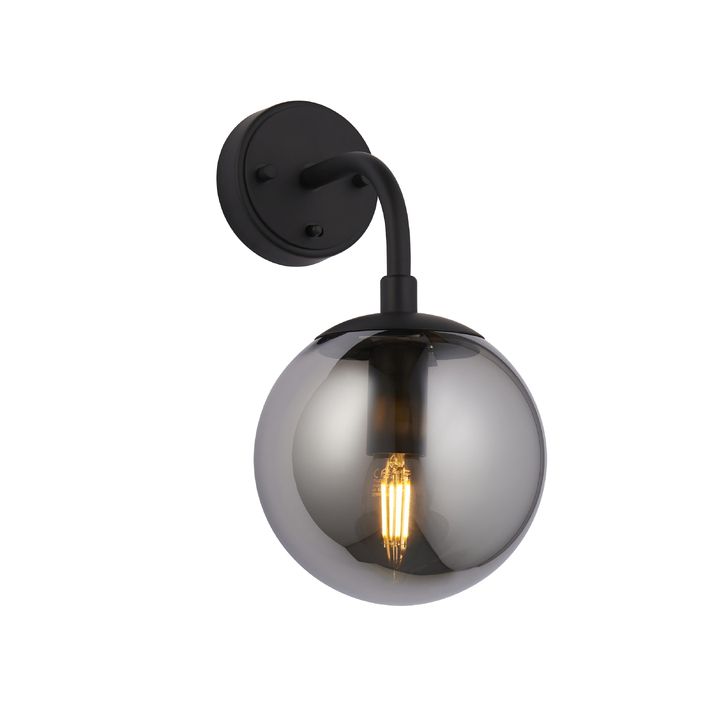 Thorlight Merlin Single Wall Light Black With Smoked Glass Globe