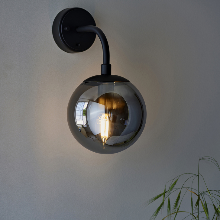 Thorlight Merlin Single Wall Light Black With Smoked Glass Globe