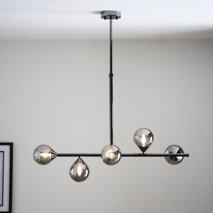 Thorlight Nollan 5 Light Linear Bar Pendant Antique Silver With Smoked Glass Globes