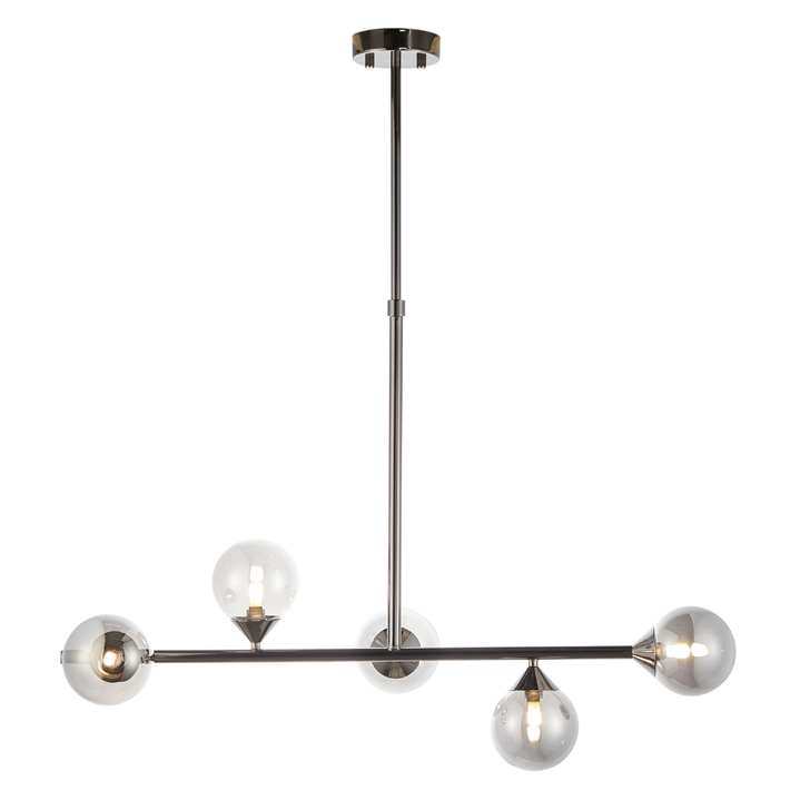 Thorlight Nollan 5 Light Linear Bar Pendant Antique Silver With Smoked Glass Globes