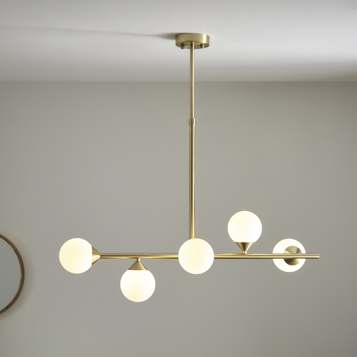 Thorlight Nollan 5 Light Linear Bar Pendant Satin Brushed Gold With Frosted Glass Globes