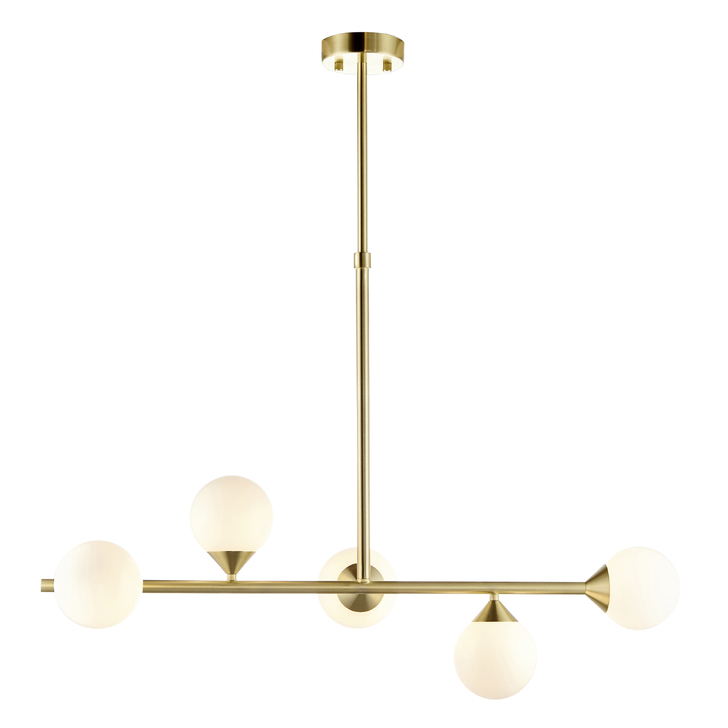 Thorlight Nollan 5 Light Linear Bar Pendant Satin Brushed Gold With Frosted Glass Globes