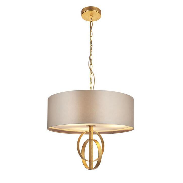 Thorlight Noor Antique Gold Leaf 3 Light Pendant Complete With Satin Mink Fabric Shade & Vintage White Diffuser