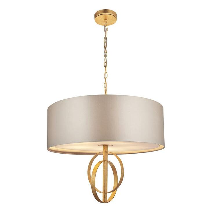 Thorlight Noor Antique Gold Leaf 5 Light Pendant Complete With Satin Mink Fabric Shade & Vintage White Diffuser