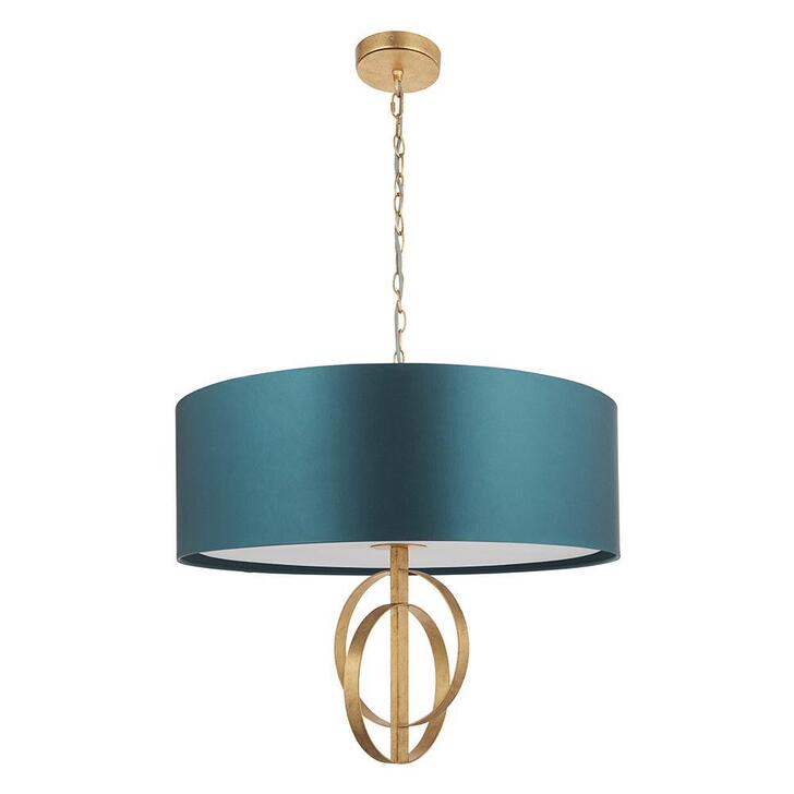 Thorlight Noor Antique Gold Leaf 5 Light Pendant Complete With Satin Teal Fabric Shade & Vintage White Diffuser