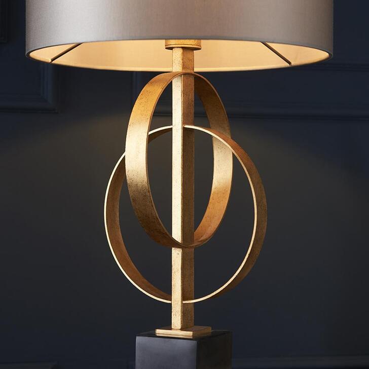 Thorlight Noor Antique Gold Leaf & Black Marble Table Lamp Complete With Satin Mink Fabric Shade