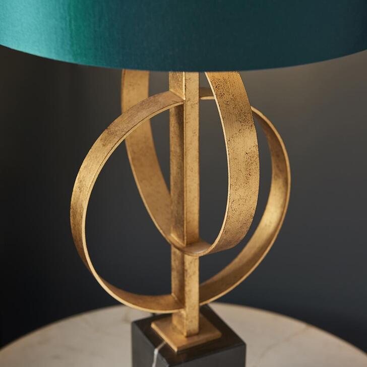 Thorlight Noor Antique Gold Leaf & Black Marble Table Lamp Complete With Satin Teal Fabric Shade