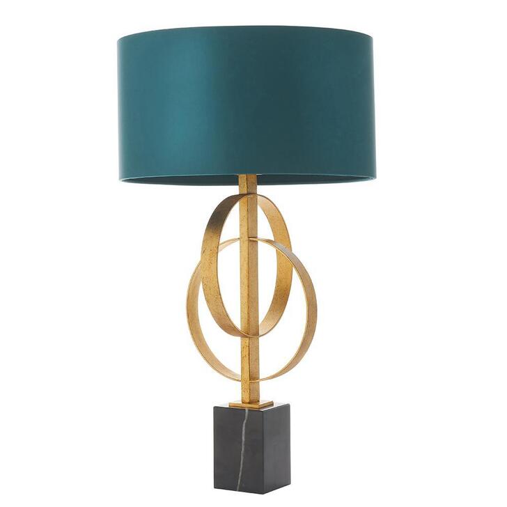 Thorlight Noor Antique Gold Leaf & Black Marble Table Lamp Complete With Satin Teal Fabric Shade