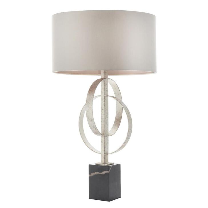 Thorlight Noor Antique Silver Leaf & Black Marble Table Lamp Complete With Satin Mink Fabric Shade