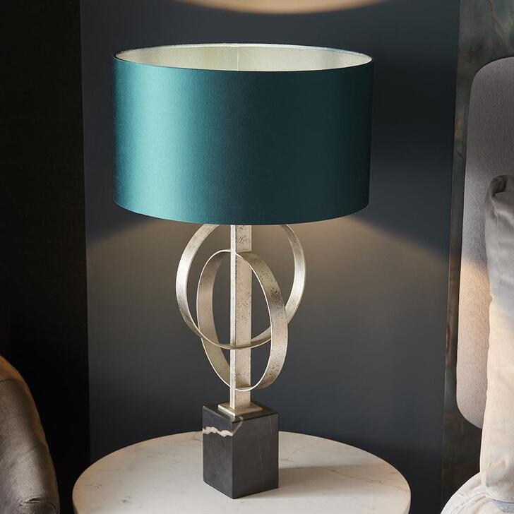 Thorlight Noor Antique Silver Leaf & Black Marble Table Lamp Complete With Satin Teal Fabric Shade