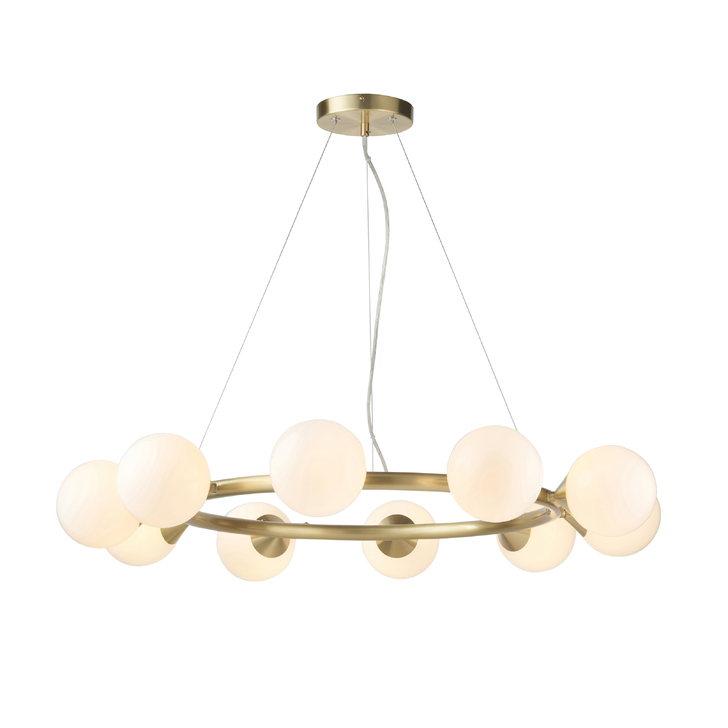 Thorlight Orson 10 Light Round Pendant Satin Brushed Gold With Frosted Glass Globes