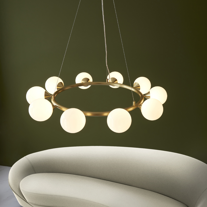 Thorlight Orson 10 Light Round Pendant Satin Brushed Gold With Frosted Glass Globes