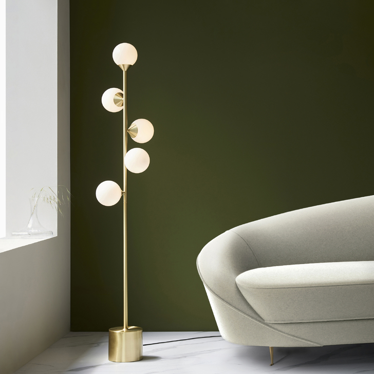 Thorlight Orson 5 Light Floor Lamp Satin Brushed Gold With Frosted Glass Globes