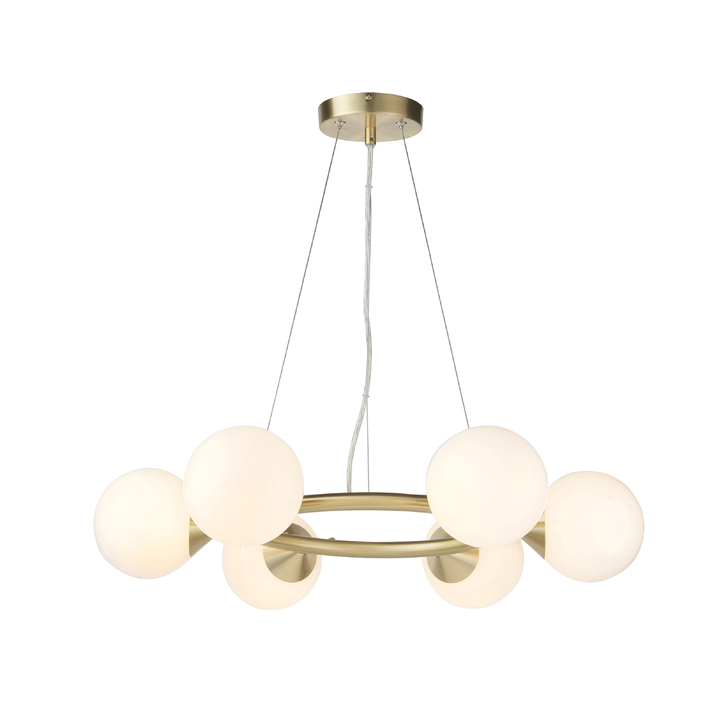 Thorlight Orson 6 Light Round Pendant Satin Brushed Gold With Frosted Glass Globes