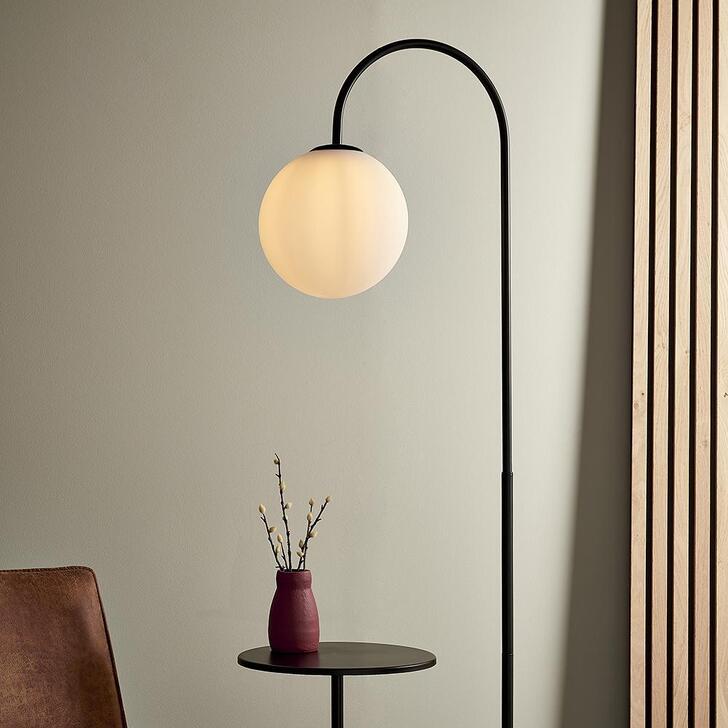 Thorlight Phoenix Satin Black Painted Floor Lamp With Opal Glass Globe and Table