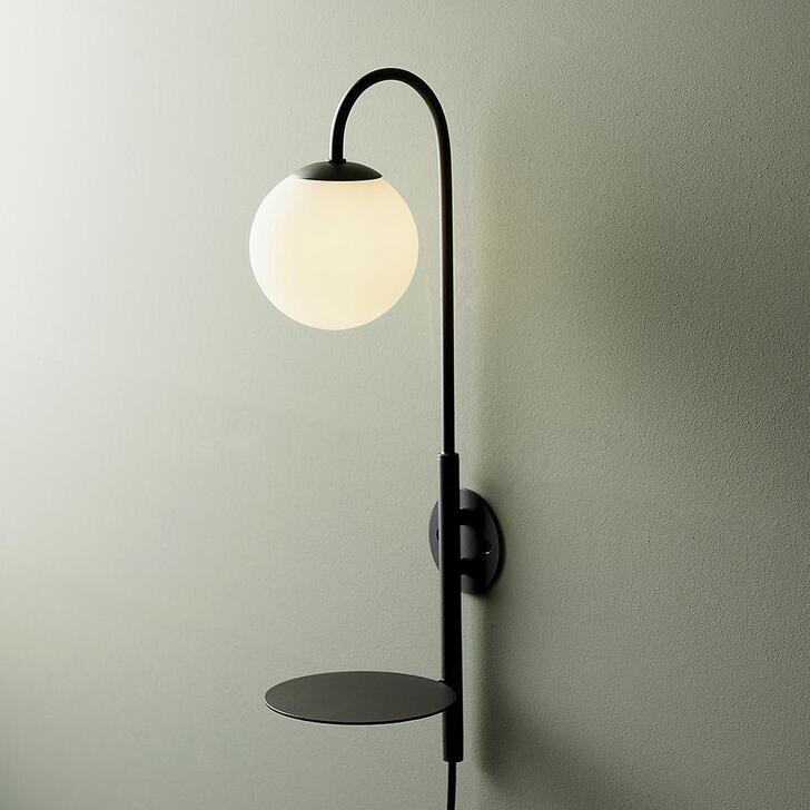 Thorlight Phoenix Satin Black Painted Plug-In Wall Light With Opal Glass Globe and Shelf