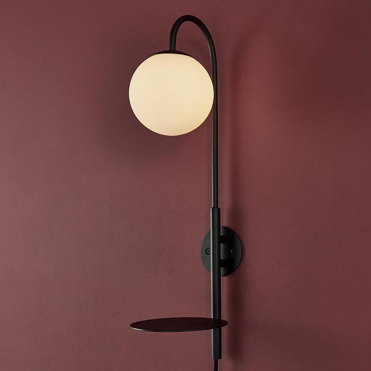 Thorlight Phoenix Satin Black Painted Plug-In Wall Light With Opal Glass Globe and Shelf