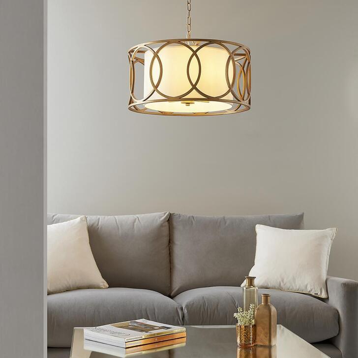 Thorlight Raquel Brushed Gold Finish 4 Light Shaped Pendant Complete With White Fabric Shade