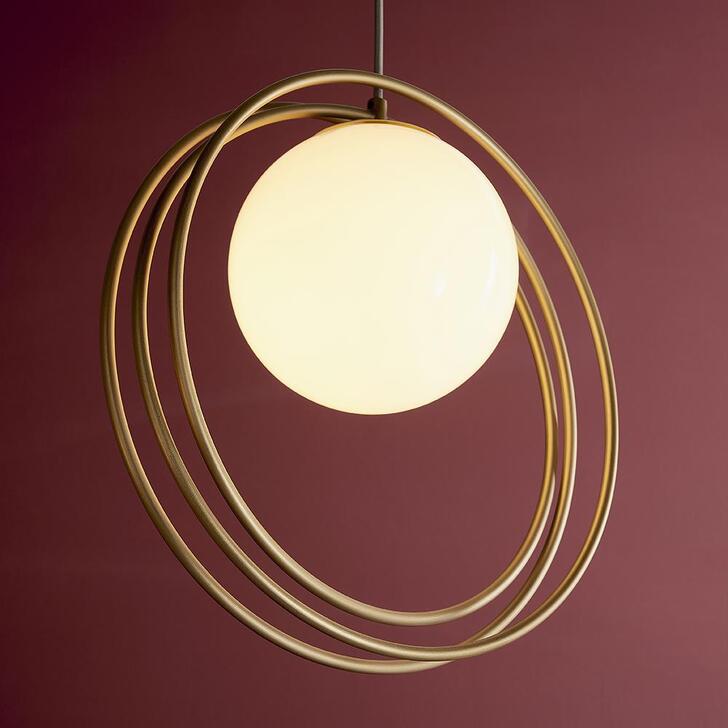 Thorlight Ravi Brushed Gold Finish Single Pendant Light Complete With Glossy Opal Glass Globe